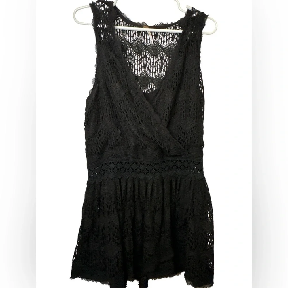 FREE PEOPLE FIRST BLOOM SLEEVELESS LACE & CROCHET DRESS BLACK